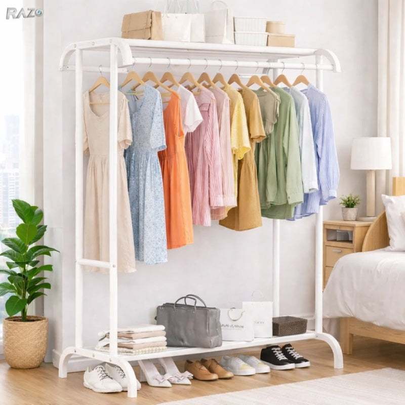 Suport dublu pentru haine RAZO metalic cu bara dubla si 2 rafturi, capacitate 50 kg, design arcuit, alb