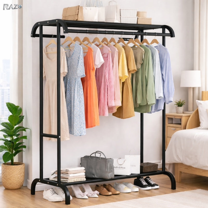 Suport dublu pentru haine RAZO metalic cu bara dubla si 2 rafturi, capacitate 50 kg, design arcuit, negru