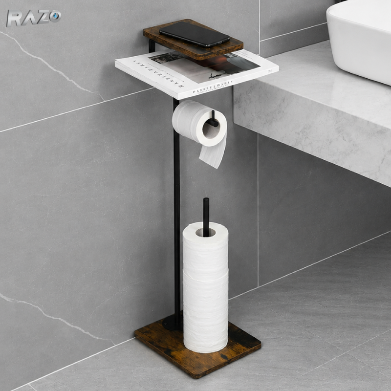 Suport hartie igienica cu spatiu depozitare reviste RAZO, 2 blaturi MDF, Multifunctional, Structura metalica rezistenta, Design modern, Suport pentru role hartie, 24x20x73 cm
