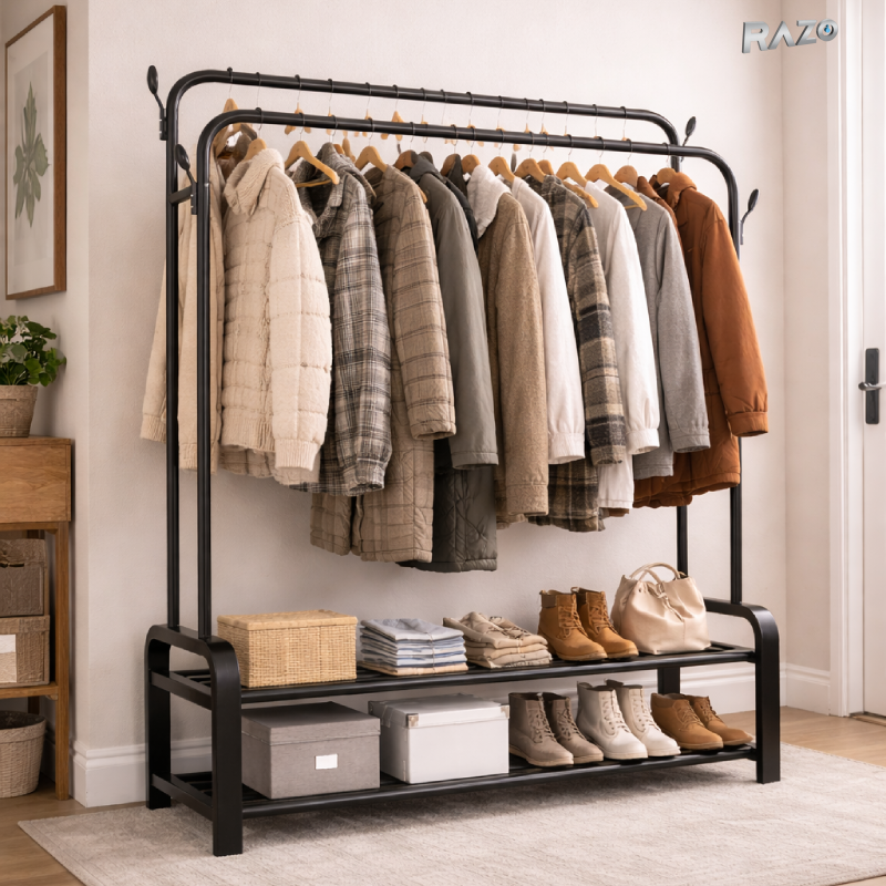 Suport metalic dublu pentru haine RAZO cu 2 bare pentru umerase si 2 rafturi, capacitate 48 kg, dimensiuni 110x57x150 cm, negru