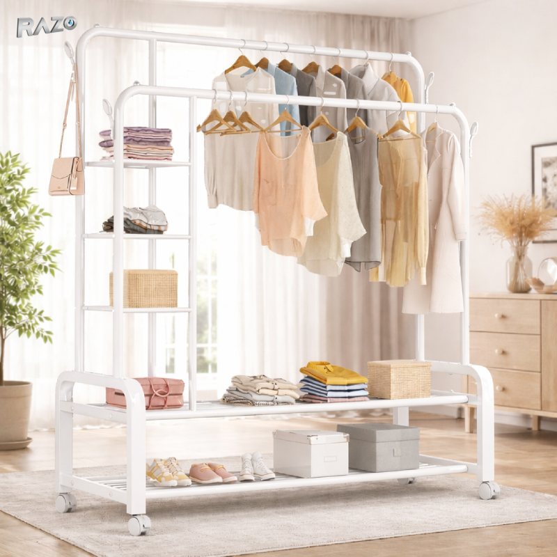 Suport metalic dublu pentru haine RAZO cu roti, 2 bare pentru umerase, 2 rafturi pentru pantofi, capacitate 58 kg, dimensiuni 160x110x55 cm, alb