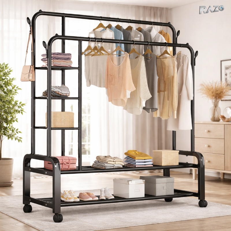 Suport metalic dublu pentru haine RAZO cu roti, 2 bare pentru umerase, 2 rafturi pentru pantofi, capacitate 58 kg, dimensiuni 160x110x55 cm, negru