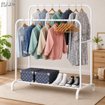 Suport metalic dublu pentru umerase RAZO, 2 bare pentru haine, 1 raft inferior, Capacitate 48 kg, Design modern pentru dormitor, dressing, 120x45x160 cm, Alb