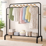 Suport metalic dublu pentru umerase RAZO cu 2 bare pentru haine, raft inferior si 8 carlige laterale, capacitate 35 kg, design modern pentru dormitor sau dressing, dimensiuni 110x57x150 cm, negru
