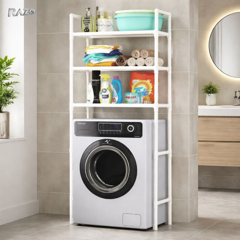 Suport organizator RAZO pentru masina de spalat cu 3 polite, cadru metalic rezistent, montaj rapid, economisire spatiu, dimensiuni 72x25x155 cm, alb