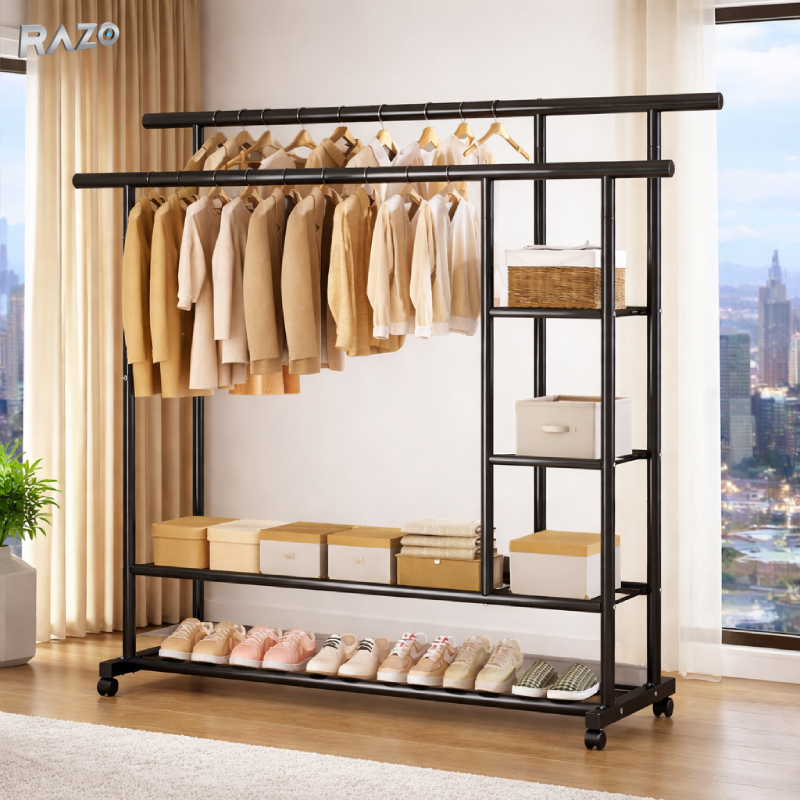 Suport pentru haine RAZO metalic cu 4 roti, bara dubla pentru umerase si raft inferior pentru pantofi, capacitate 100 kg, dimensiuni 150x149x31 cm, negru