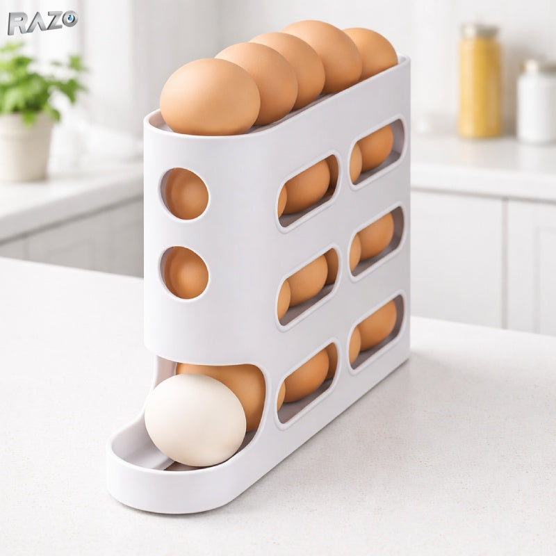 Suport pentru oua RAZO cu rulare automata, 4 straturi, capacitate pana la 30 oua, din plastic rezistent, alb