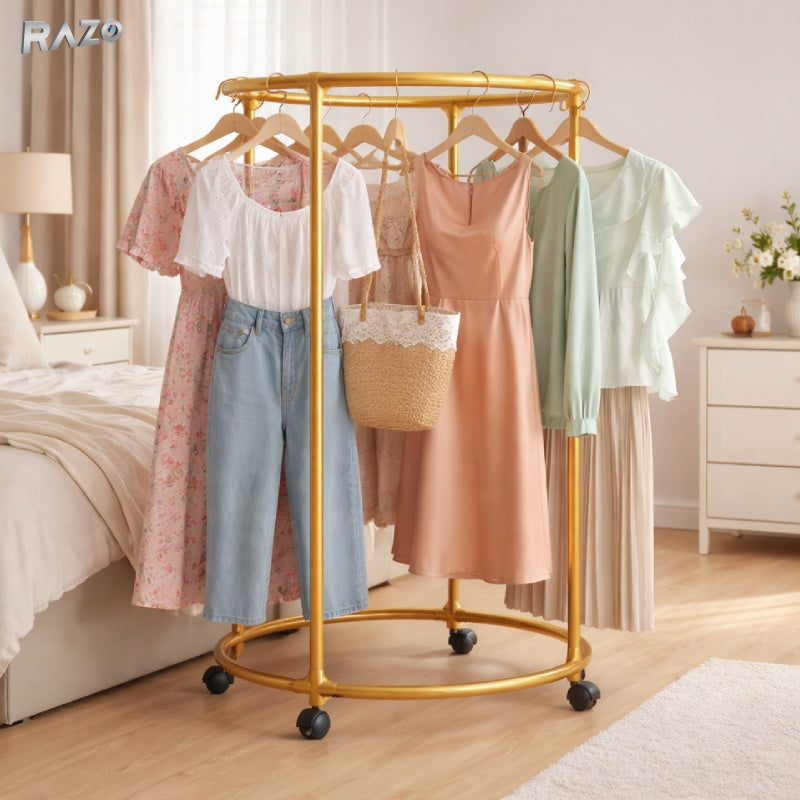 Suport rotativ pentru haine RAZO din otel inoxidabil, cu roti pivotante, design modern, capacitate 40 kg, diametru 80–90 cm si inaltime 130 cm, stand pentru expunere in magazin sau dressing, auriu