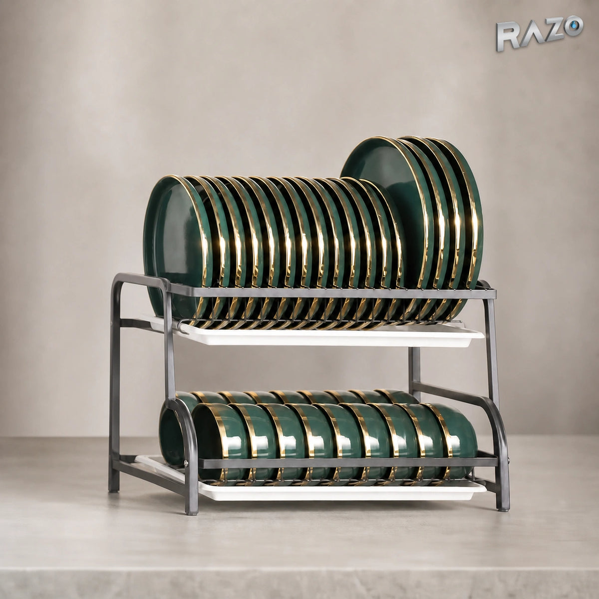 Suport pentru vase cu 2 niveluri și tăvi de scurgere, 42,5 × 23 × 39,5 cm, negru - imagine produs 4