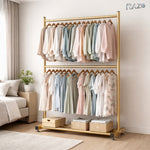 Suport vertical pentru haine RAZO metalic, pliabil, cu 2 bare pentru umerase si raft inferior, capacitate 70 kg, design modern pentru dormitor sau dressing, dimensiuni 100x40x185 cm, auriu