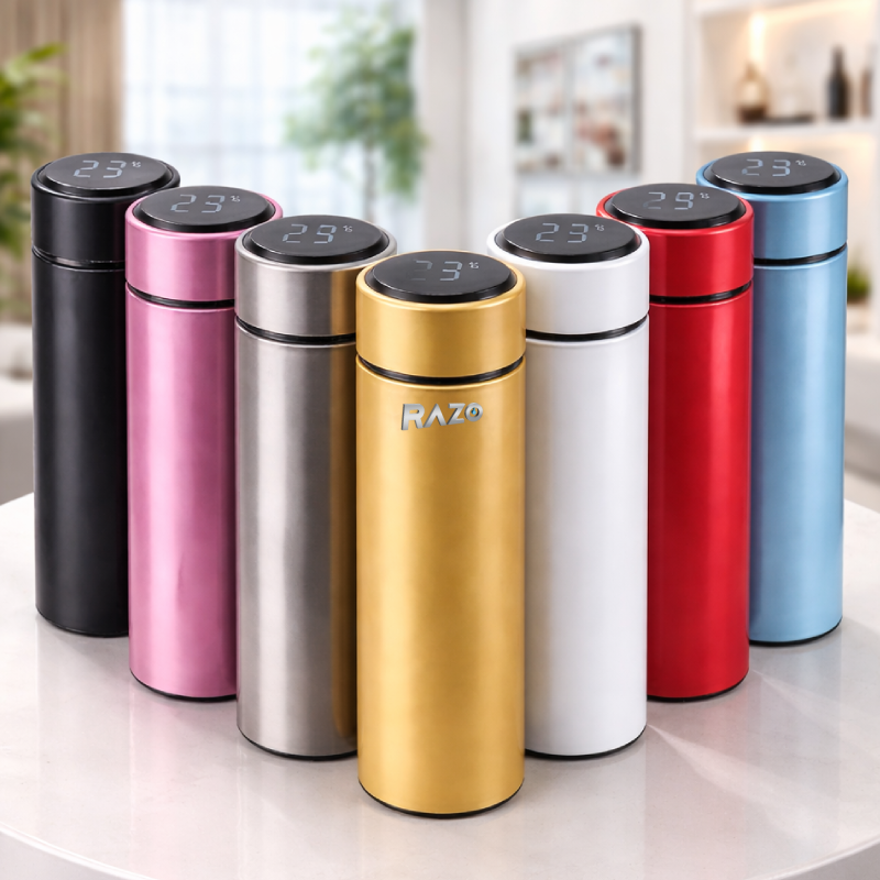 Termos inteligent RAZO 500 ml cu LED si afisaj digital temperatura, din otel inoxidabil, etans, cu izolatie vacuum 360°, mentine bauturile calde sau reci pana la 12 ore, ideal pentru cafea, ceai si apa