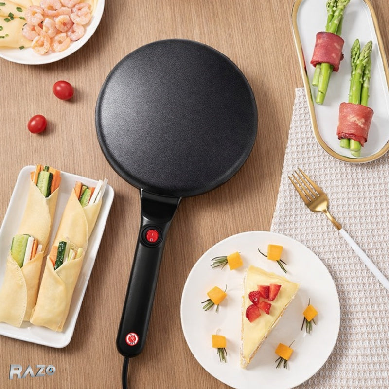 Tigaie electrica RAZO fara ulei, putere 800W, placa din aluminiu turnat cu strat antiaderent, control automat al temperaturii, diametru 20 cm, aparat compact pentru mic dejun rapid, negru