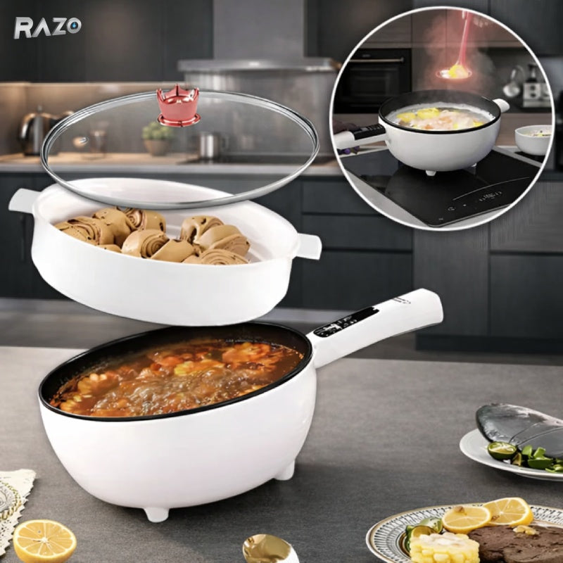 Tigaie multifunctionala electrica RAZO cu timer si panou digital, diametru 26 cm, capacitate 2.5L, gatire rapida fara aragaz, strat antiaderent, putere 800–1000W, portabila pentru spatii mici, alb
