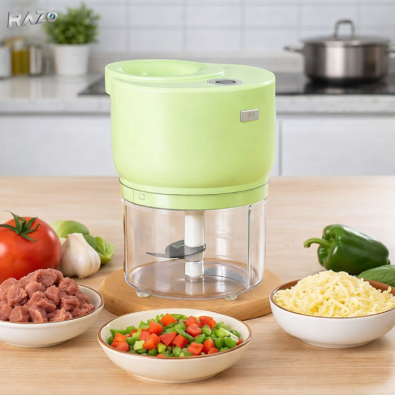 Tocator electric mini RAZO 500 ml, multifunctional, reincarcabil fara fir, cu lame din inox pentru legume, fructe, nuci si ierburi, verde