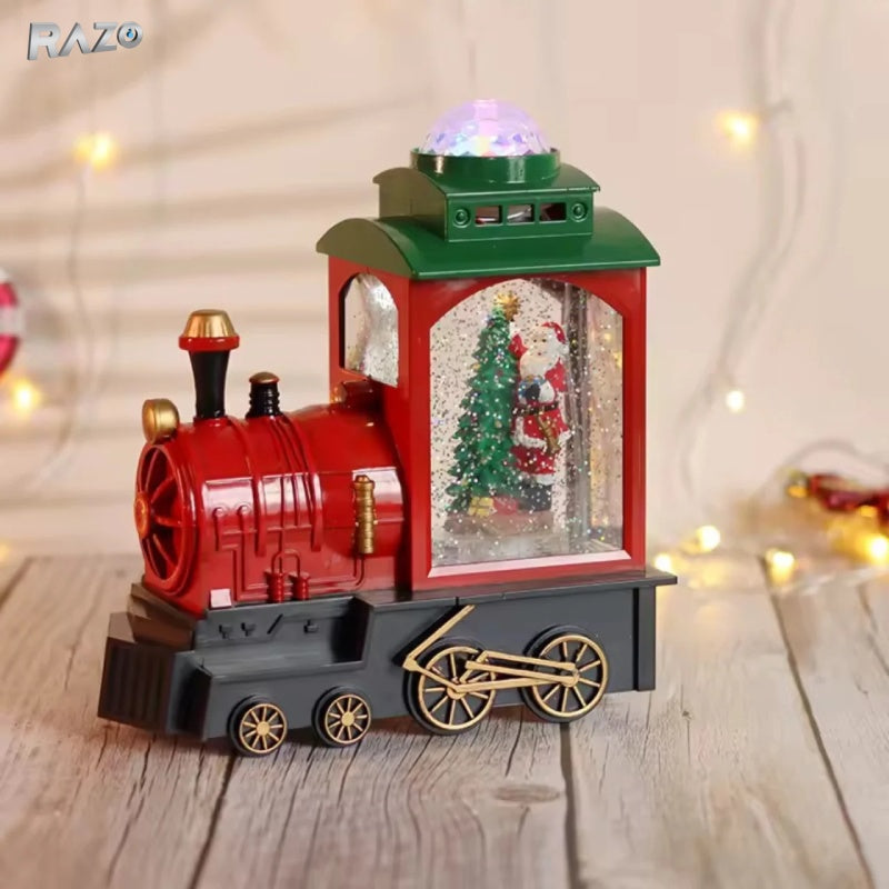 Tren locomotiva decorativa de Craciun RAZO cu glob animat, efect de ninsoare, lumini LED si muzica festiva, rosu-negru, alimentare USB sau baterii, dimensiuni 19x9.5x19 cm
