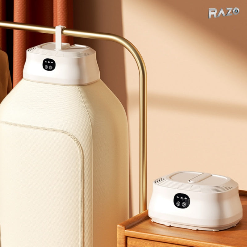 Uscator de haine electric RAZO portabil, capacitate 10 kg, aer cald 360°, sterilizare UV, uscare uniforma si rapida pentru pana la 8 piese, cu timer inteligent, alb