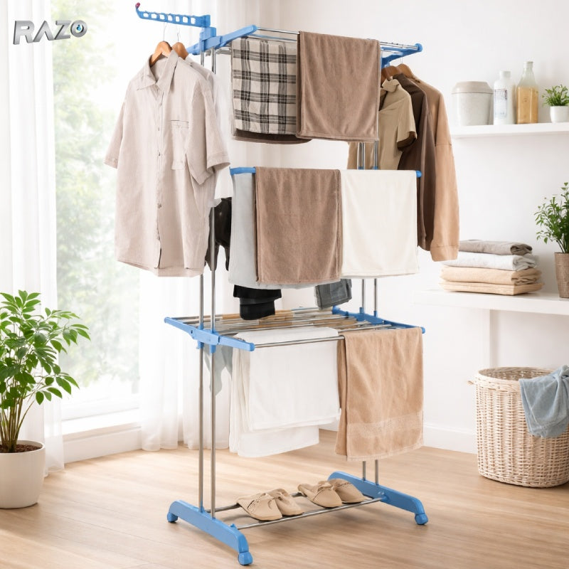 Uscator vertical pentru haine RAZO, mobil si pliabil pentru spatii mici, cu 3 niveluri, 6 rafturi si suport pentru 14 umerase, inaltime reglabila, capacitate 50 kg, dimensiuni 75-126x64x170 cm, albastru
