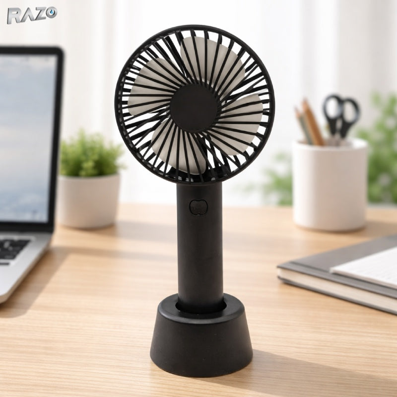 Ventilator mini de mana RAZO portabil, reincarcabil USB, cu 3 trepte de viteza, suport de birou inclus, racorire rapida pentru casa, birou sau calatorii, negru
