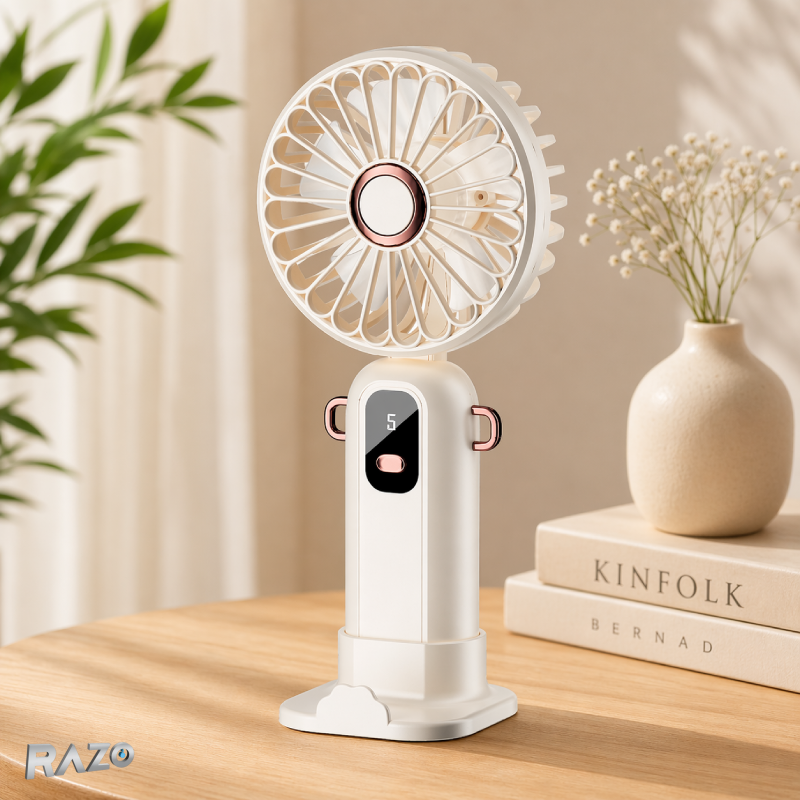 Ventilator mini portabil cu suport telefon RAZO, Reincarcabil USB, 5 viteze, Racire eficienta, Flux de aer reglabil, Design compact, Silentios, Autonomie ridicata, Bej