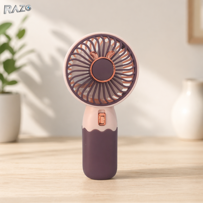 Ventilator mini portabil in 2 culori RAZO, Suport telefon, Reincarcabil, Racire rapida, Design modern, Silentios, Roz-Grena