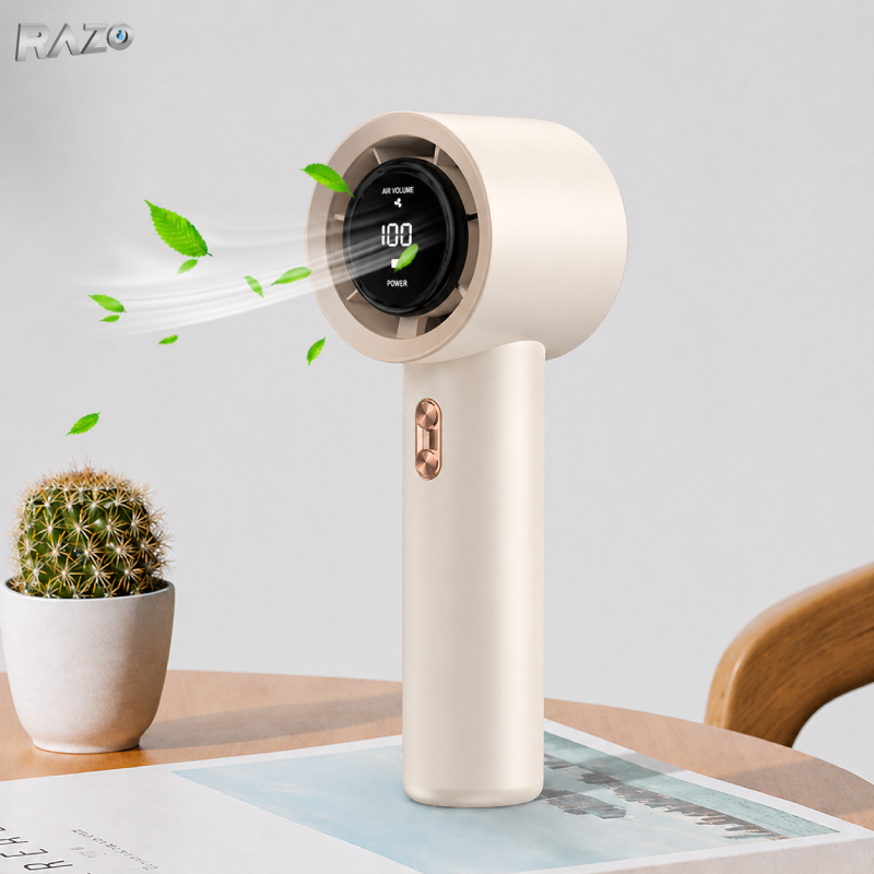 Ventilator mini turbo portabil RAZO, Reincarcabil, Compact, Afisaj digital, Flux de aer puternic, Racire rapida, Design modern, Silentios, Cream