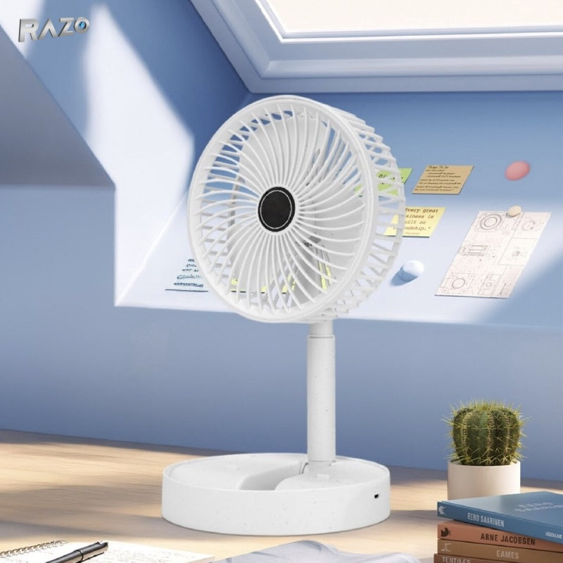 Ventilator pliabil de birou RAZO telescopic, portabil, cu 3 viteze, reglabil 180°, baterie reincarcabila 1000 mAh, incarcare USB, alb
