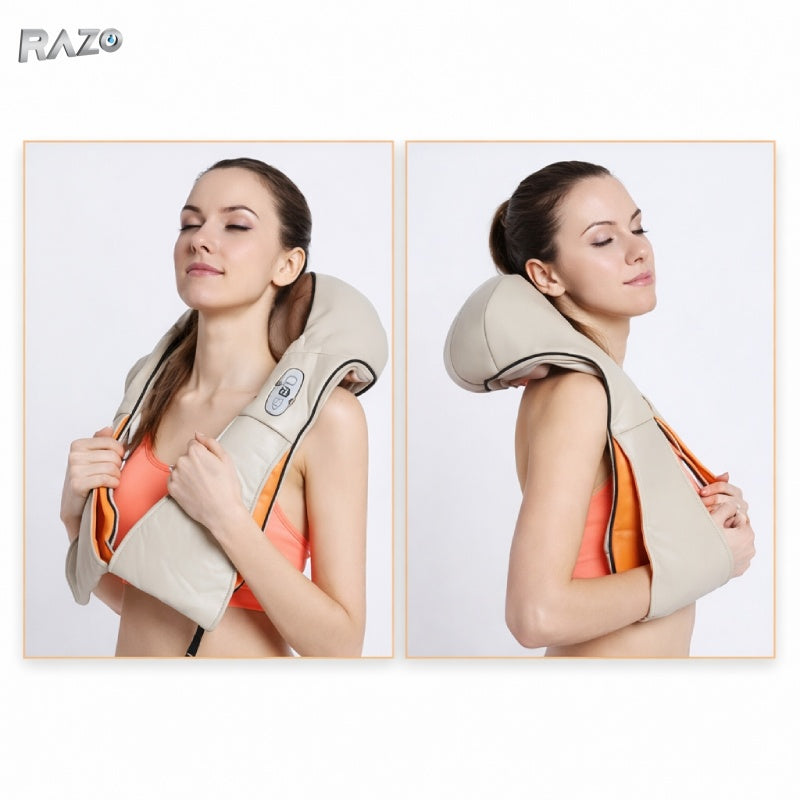 Aparat masaj electric RAZO, Incalzire, Rotatie 3D, pentru gat, umeri, spate, zona lombara, Functie schimbare directie, Alimentare 12V, Relaxare musculara