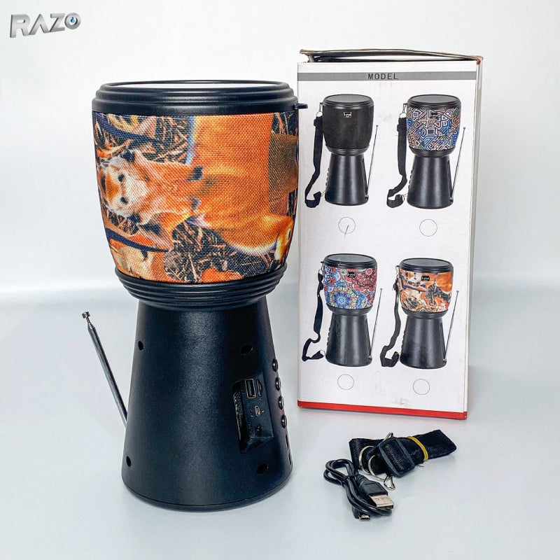 Boxa portabila tip tarabana RAZO, Incarcare solara, Bluetooth, FM, USB, TF Card, 10W, Lanterna integrata, Baterie 1200mAh