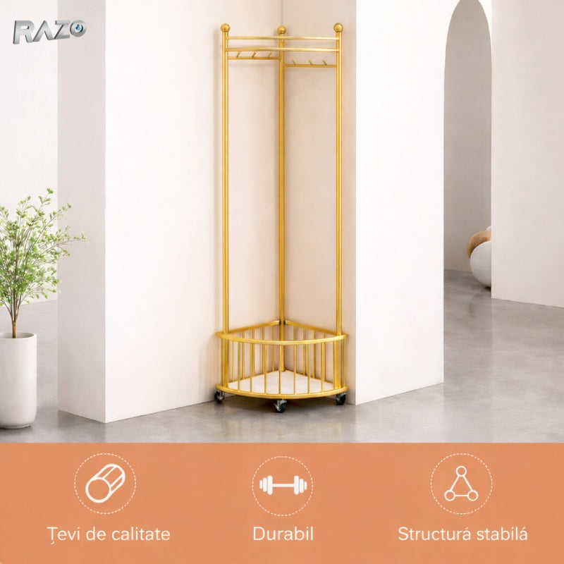 Cuier de colt cu roti RAZO, Metalic, Suport haine multifunctional, Design compact, Economisire spatiu, Stabil, Rezistent, Stil modern vintage, 40x40x160 cm, Auriu inchis