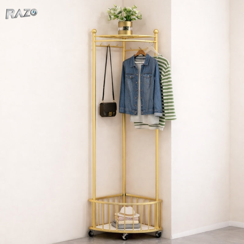 Cuier de colt cu roti RAZO, Metalic, Suport haine multifunctional, Design compact, Economisire spatiu, Stabil, Rezistent, Stil modern vintage, 40x40x160 cm, Auriu inchis