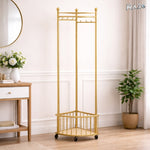 Cuier de colt cu roti RAZO, Metalic, Suport haine multifunctional, Design compact, Economisire spatiu, Stabil, Rezistent, Stil modern vintage, 40x40x160 cm, Auriu inchis