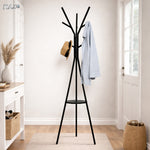 Cuier haine RAZO, Otel de carbon, Lemn natural, 9 agatatori rezistente, Suport superior pentru accesorii, Design modern, Stabilitate 45 kg, 180x45 cm, Negru