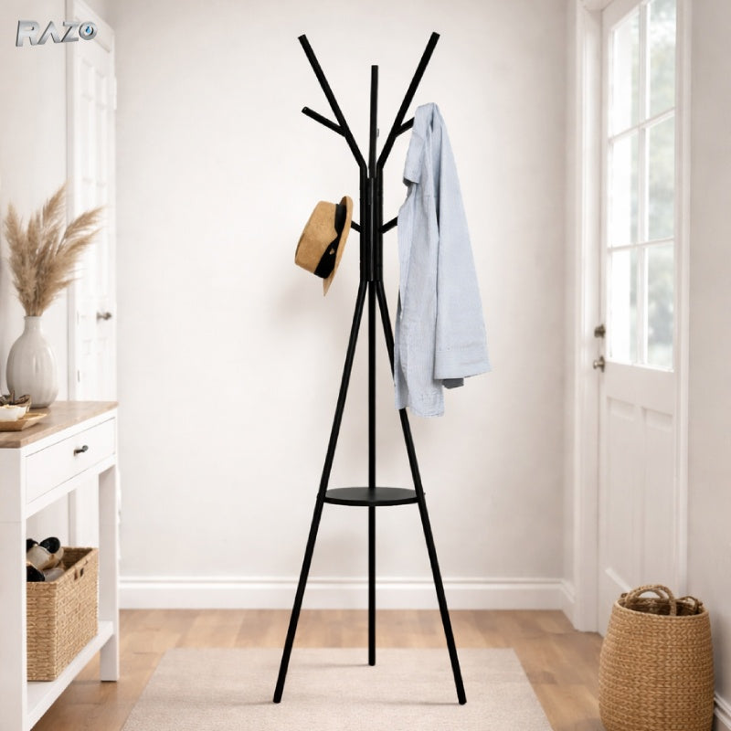 Cuier haine RAZO, Otel de carbon, Lemn natural, 9 agatatori rezistente, Suport superior pentru accesorii, Design modern, Stabilitate 45 kg, 180x45 cm, Negru