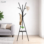 Cuier haine RAZO, Otel de carbon, Lemn natural, 9 agatatori rezistente, Suport superior pentru accesorii, Design modern, Stabilitate 45 kg, 180x45 cm, Negru