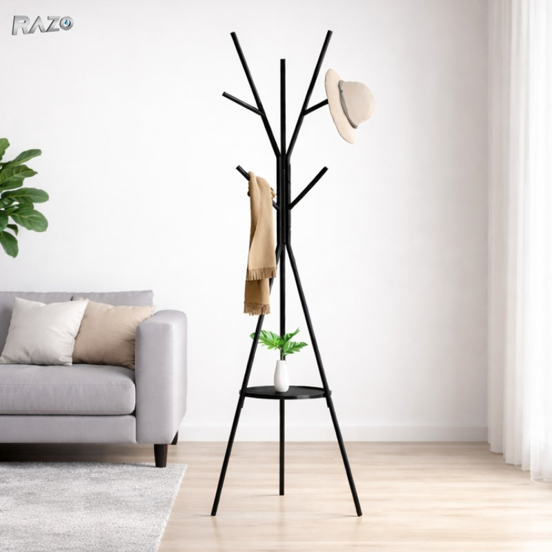 Cuier haine RAZO, Otel de carbon, Lemn natural, 9 agatatori rezistente, Suport superior pentru accesorii, Design modern, Stabilitate 45 kg, 180x45 cm, Negru