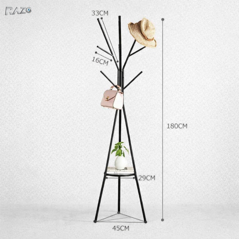 Cuier haine RAZO, Otel de carbon, Lemn natural, 9 agatatori rezistente, Suport superior pentru accesorii, Design modern, Stabilitate 45 kg, 180x45 cm, Negru