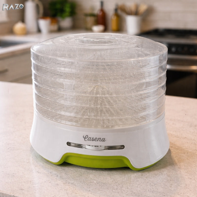 Deshidrator alimente RAZO Casena, 240W, 5 tavi transparente, 8 programe presetate, Termostat reglabil 35–70°C, Uscare uniforma pentru fructe, legume, ciuperci, ierburi aromatice, plante medicinale, Protectie la supraincalzire