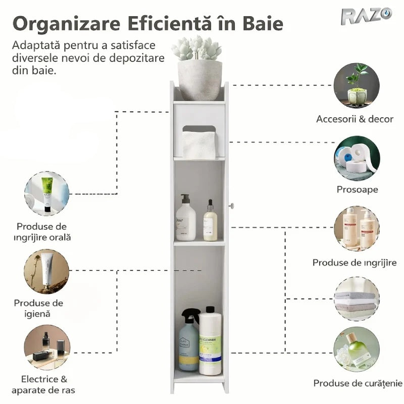 Dulap depozitare baie RAZO, Design vertical multifunctional, 2 usi, Rezistent la umezeala, Ideal pentru produse igiena, detergenti, 81 x 17 x 17 cm, Alb