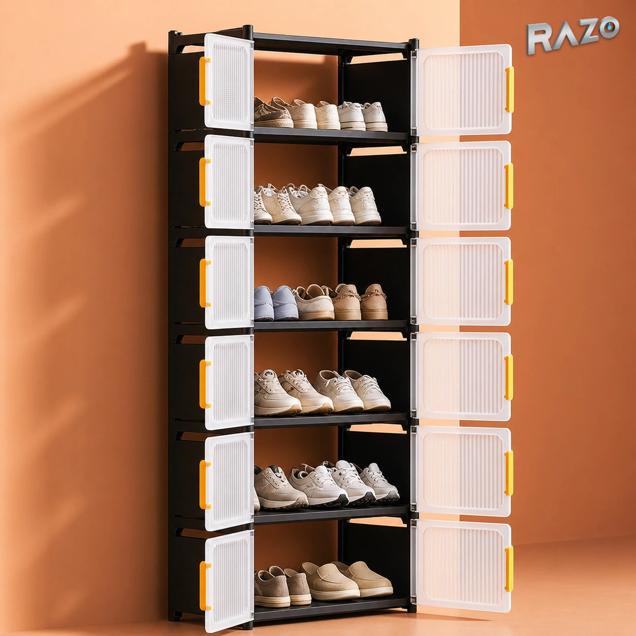 Dulap pliabil pentru încălțăminte RAZO, 6 niveluri, 57 × 30,5 × 126 cm, negru cu uși translucide