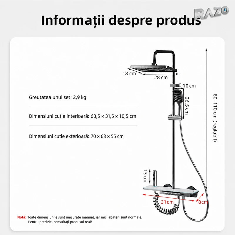 Sistem de duș gri din alamă, cu montare pe perete, model YP-H055