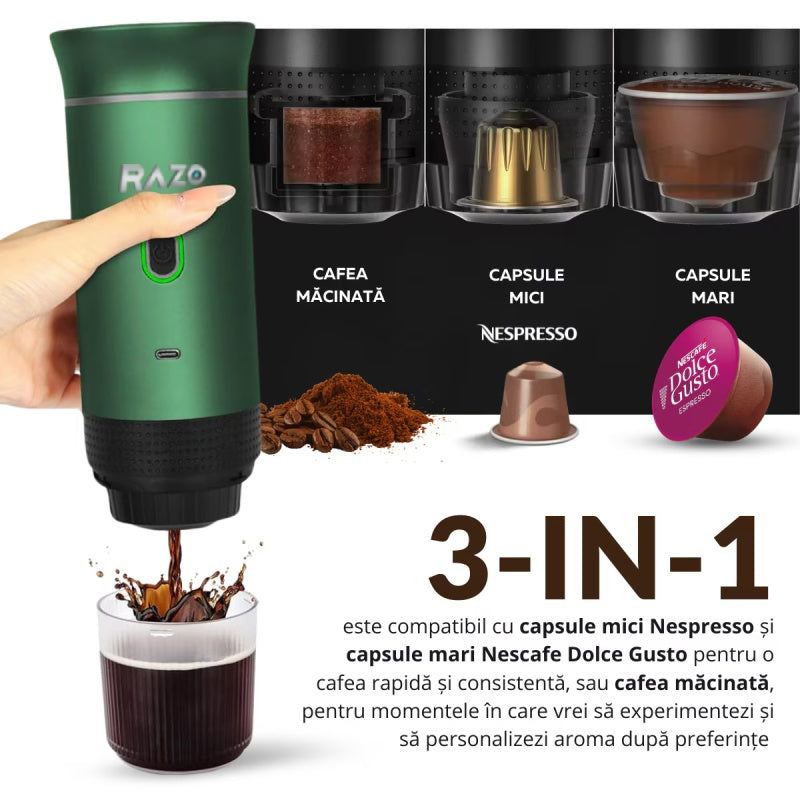 Espressor Portabil RAZO, 3 in 1, 20 Bari, Compatibil capsule Nespresso, Dolce Gusto, cafea macinata, Incalzire rapida 92°C, Baterie reincarcabila 7500 mAh, USB Type-C, Ideal pentru masina, camping, calatorii
