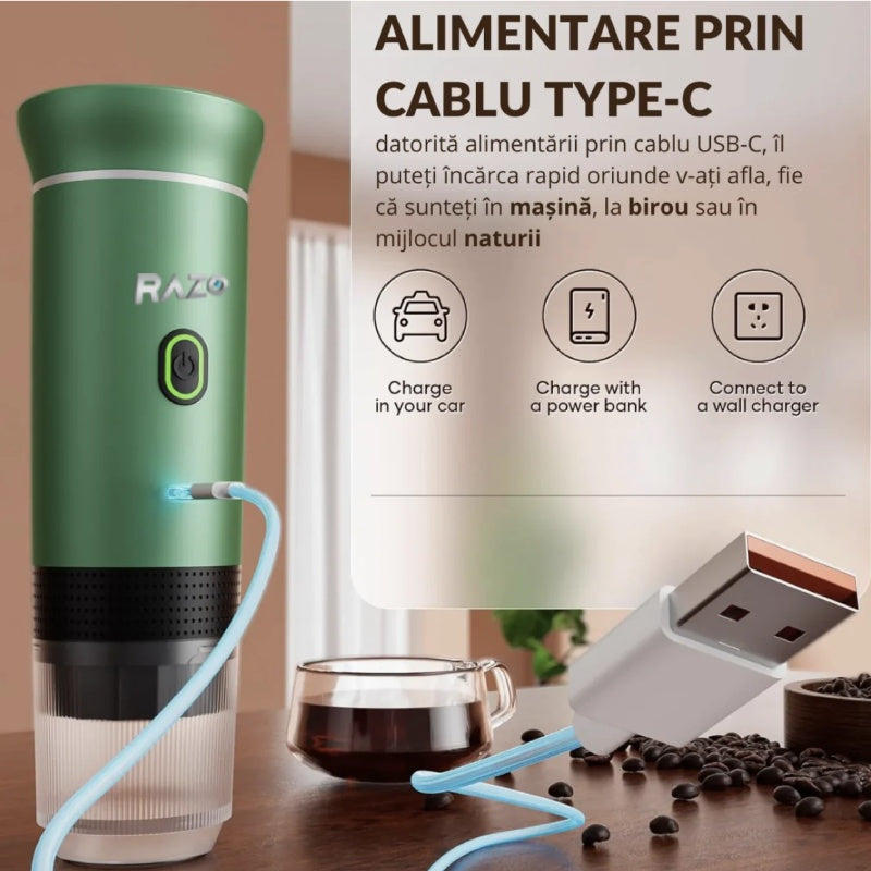 Espressor Portabil RAZO, 3 in 1, 20 Bari, Compatibil capsule Nespresso, Dolce Gusto, cafea macinata, Incalzire rapida 92°C, Baterie reincarcabila 7500 mAh, USB Type-C, Ideal pentru masina, camping, calatorii
