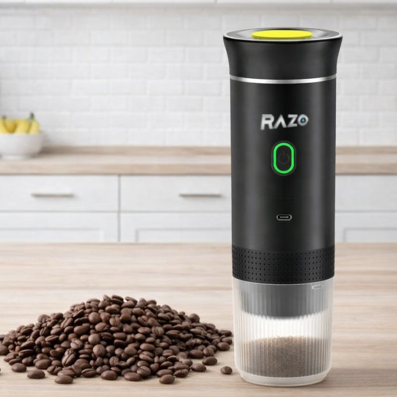 Espressor Portabil RAZO, 3 in 1, 20 Bari, Compatibil capsule Nespresso, Dolce Gusto, cafea macinata, Incalzire rapida 92°C, Baterie reincarcabila 7500 mAh, USB Type-C, Ideal pentru masina, camping, calatorii