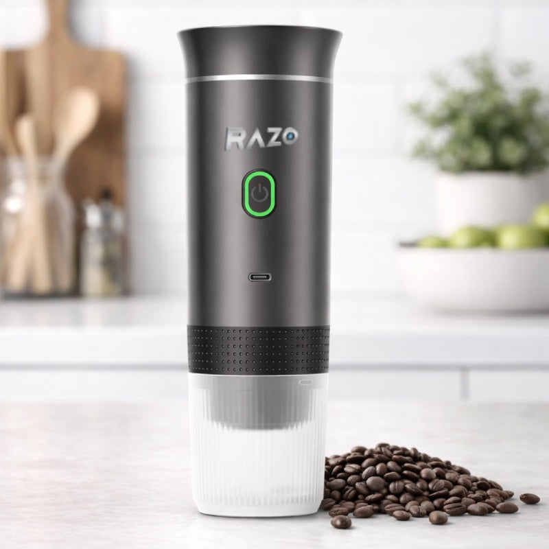 Espressor Portabil RAZO, 3 in 1, 20 Bari, Compatibil capsule Nespresso, Dolce Gusto, cafea macinata, Incalzire rapida 92°C, Baterie reincarcabila 7500 mAh, USB Type-C, Ideal pentru masina, camping, calatorii