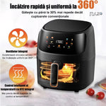 Friteuza aer cald RAZO 8 litri, 2400W, Cos sticla securizata 360°, Gatire fara ulei, 8 programe inteligente, Ecran tactil LED, Temperatura pana la 240°C, Oprire automata, Negru