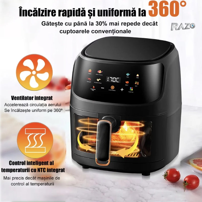 Friteuza aer cald RAZO 8 litri, 2400W, Cos sticla securizata 360°, Gatire fara ulei, 8 programe inteligente, Ecran tactil LED, Temperatura pana la 240°C, Oprire automata, Negru