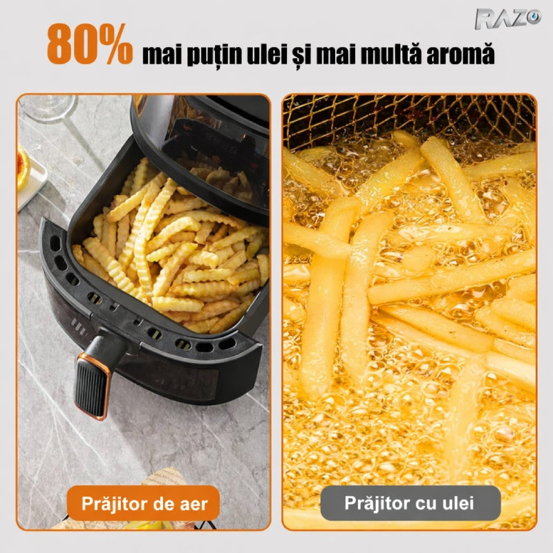 Friteuza aer cald RAZO 8 litri, 2400W, Cos sticla securizata 360°, Gatire fara ulei, 8 programe inteligente, Ecran tactil LED, Temperatura pana la 240°C, Oprire automata, Negru