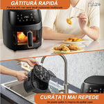 Friteuza aer cald RAZO 8 litri, 2400W, Cos sticla securizata 360°, Gatire fara ulei, 8 programe inteligente, Ecran tactil LED, Temperatura pana la 240°C, Oprire automata, Negru
