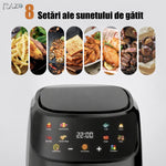 Friteuza aer cald RAZO 8 litri, 2400W, Cos sticla securizata 360°, Gatire fara ulei, 8 programe inteligente, Ecran tactil LED, Temperatura pana la 240°C, Oprire automata, Negru