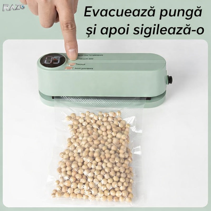 Kit compact RAZO de sigilare, Vidare, Afișaj digital LED, Alimentare USB 5V, Putere 10W, Sigilare automata pentru pungi reutilizabile, Conservare eficient carne, legume, fructe, Design portabil, Verde
